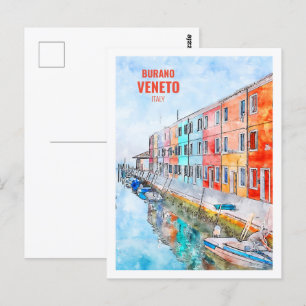 Burano Veneto Italy Famous Travel Watercolor  Postcard