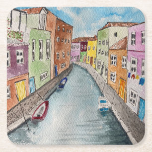 Burano Venice Bright coloured houses Square Paper Coaster