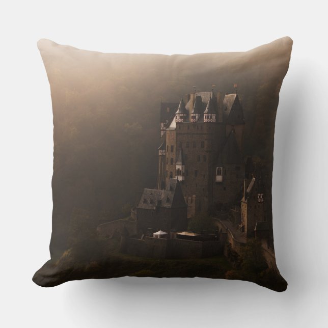 Burg Eltz castle in the morning fog Cushion (Front)