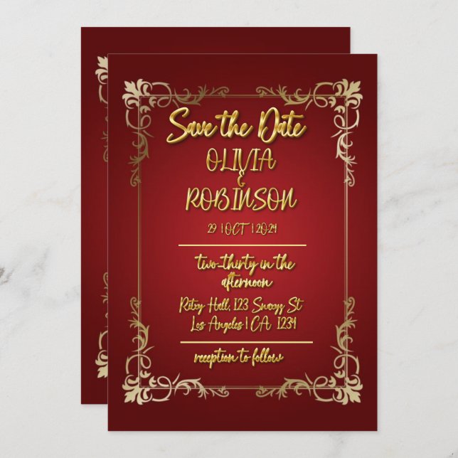  Burgandy and Golden 3D Text Effect Save the Date  Invitation (Front/Back)