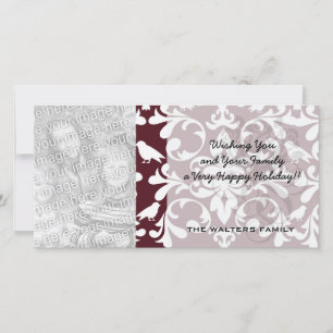 burgandy and white bird damask ornate pattern holiday card