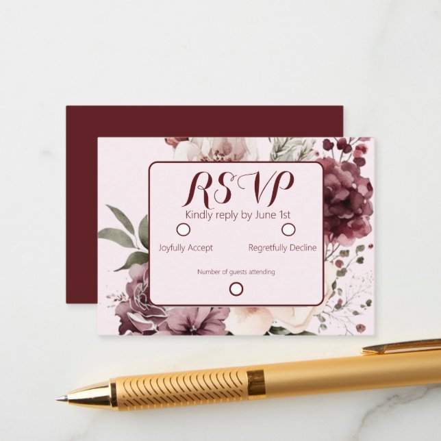  Burgandy Blush Floral Wedding RSVP Enclosure Card (Front/Back In Situ)