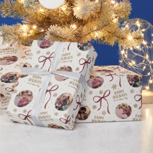 Burgandy Bow Family Photo Christmas Wrapping Paper