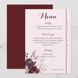 Burgandy Dusty Rose Floral Wedding  Menu 
