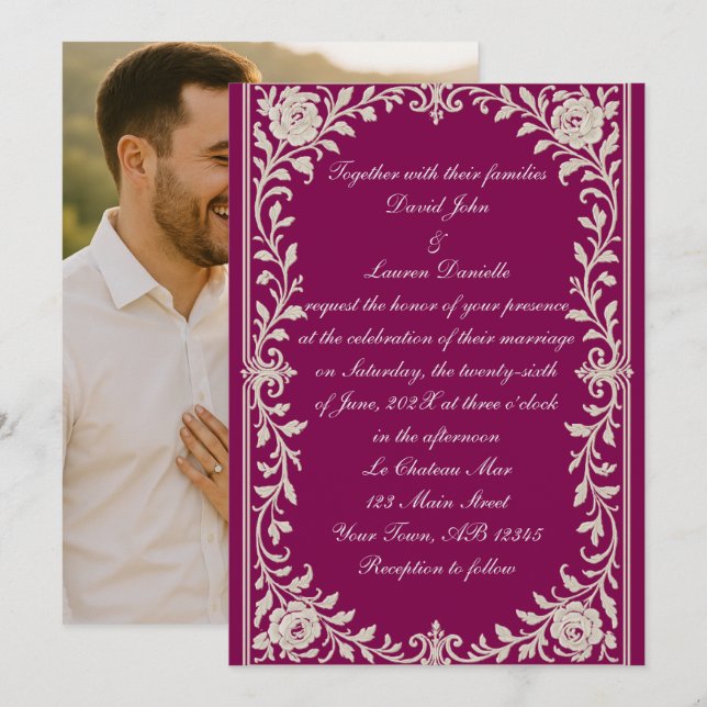 Burgandy Floral Filigree Photo Wedding Invitation (Front/Back)