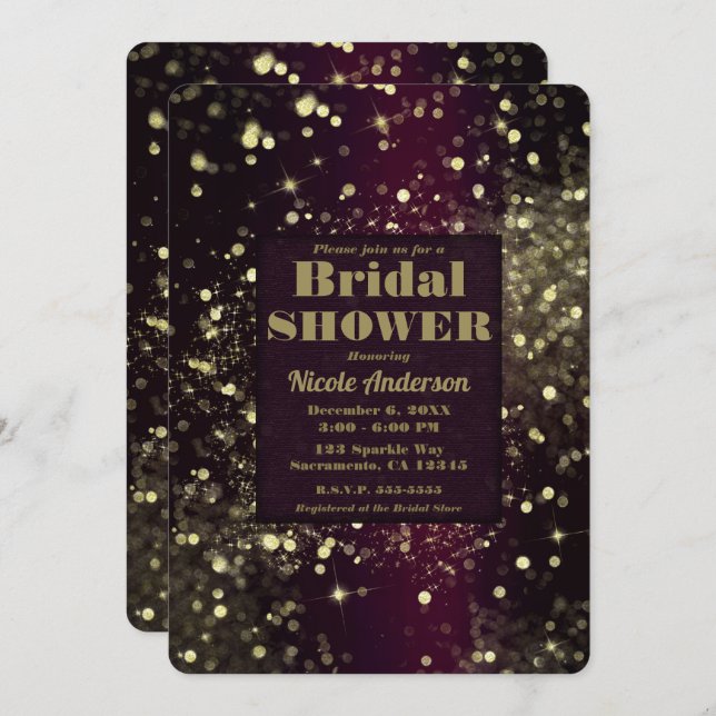 Burgandy Gold Sparkling Lights Glam Bridal Shower Invitation (Front/Back)