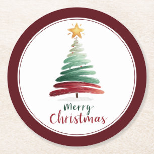 Burgandy Minimalist Christmas Tree Round Paper Coaster