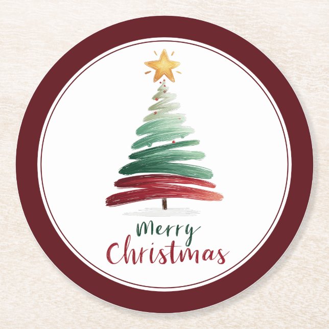 Burgandy Minimalist Christmas Tree Round Paper Coaster (Front)