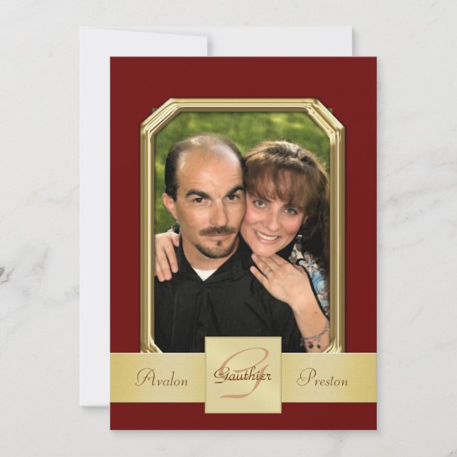 Burgandy Modern Photo Frame Gold Ribbon Invitation (Front)