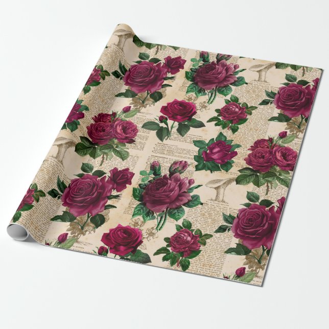Burgandy Roses on Vintage Newsprint Wrapping Paper (Unrolled)