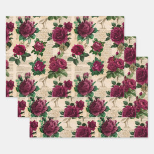 Burgandy Roses on Vintage Newsprint Wrapping Paper Sheet