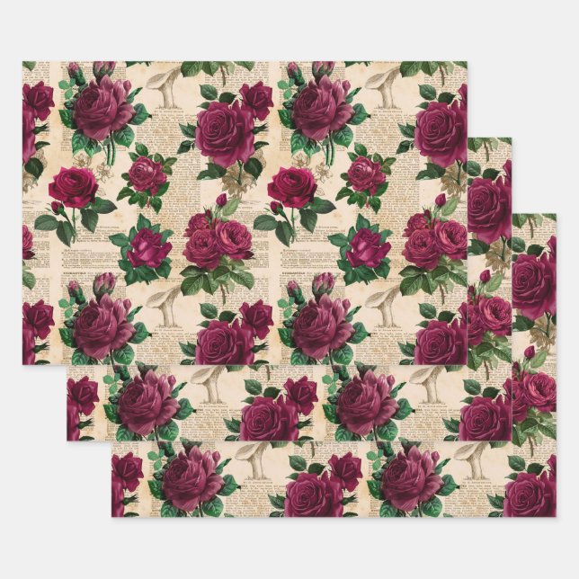Burgandy Roses on Vintage Newsprint Wrapping Paper Sheet (Set)