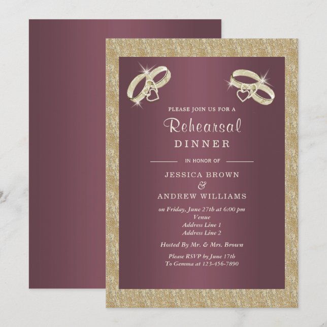Burgandy, Sparkly Gold Rings Rehearsal Dinner Invitation (Front/Back)
