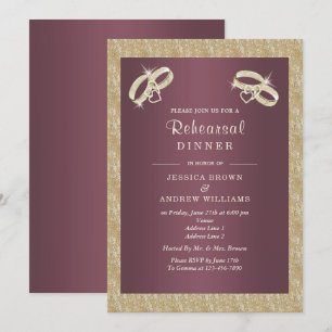 Burgandy, Sparkly Gold Rings Rehearsal Dinner Invitation