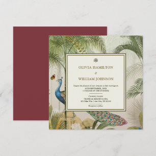 Burgandy Square Tropical Peacock Palm Wedding Invitation