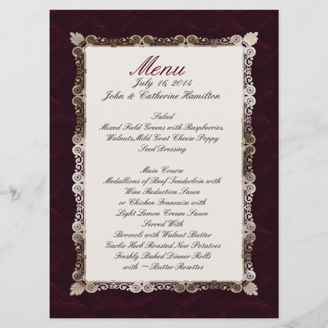 Burgandy Velvet Look Custom Wedding Menu (Front)