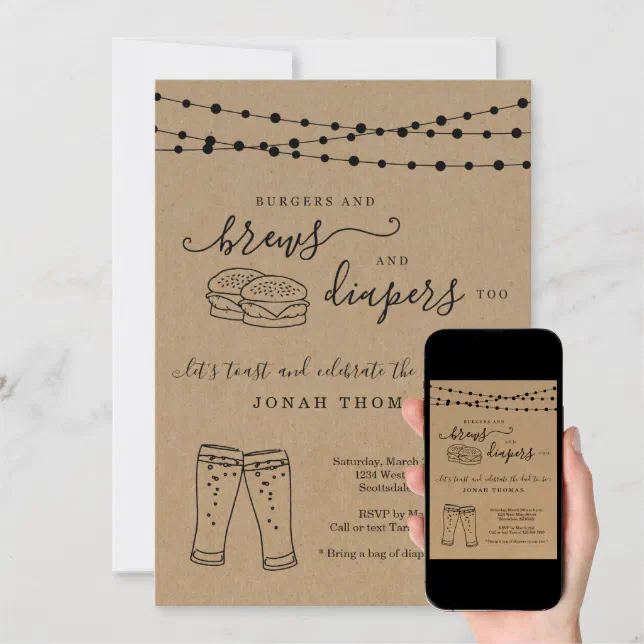 Burger and Brews and Diapers Too Men's Baby Shower Invitation Zazzle