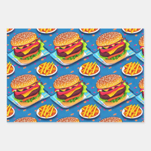 Burger and Fries Colorful Cartoon Illustration Wrapping Paper Sheet