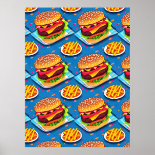 Burger and Fries Colourful Cartoon Illustration Poster