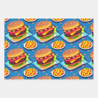 Burger and Fries Colourful Cartoon Illustration Wrapping Paper Sheet