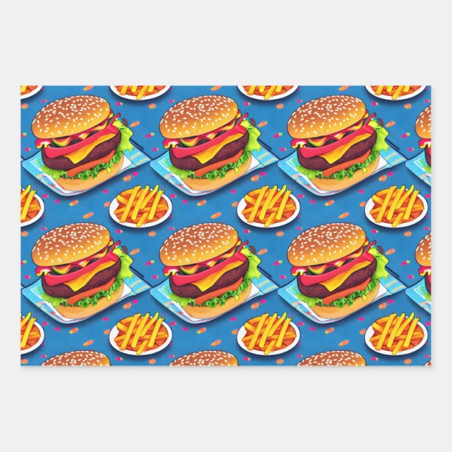 Burger and Fries Colourful Cartoon Illustration Wrapping Paper Sheet (Front)