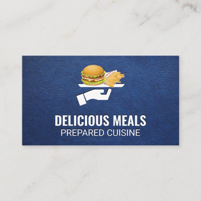Burger and Fries Served | Blue Leather Background Business Card (Front)