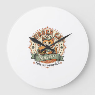 Burger Cat Mascot Cat Fast Food Mascot Cat Vintage Large Clock