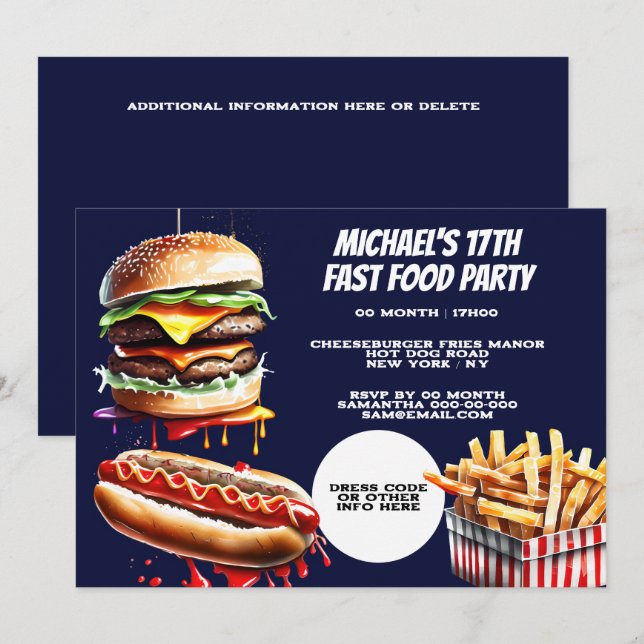 Burger fries hotdog fast food party blue invitation (Front/Back)