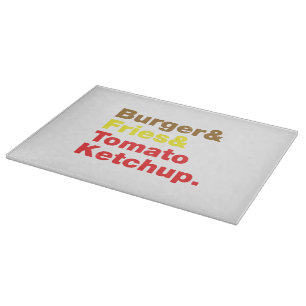 Burger & Fries & Tomato Ketchup. Cutting Board