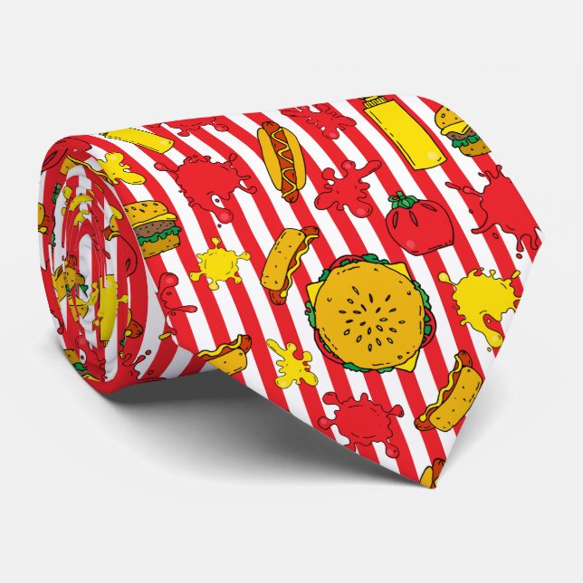 Burger Hot Dog Condiments Diner Food Patterned Tie (Rolled)
