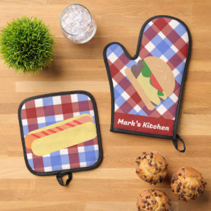 Burger Hotdog Cook out Chef Kitchen Oven Mitt & Pot Holder Set
