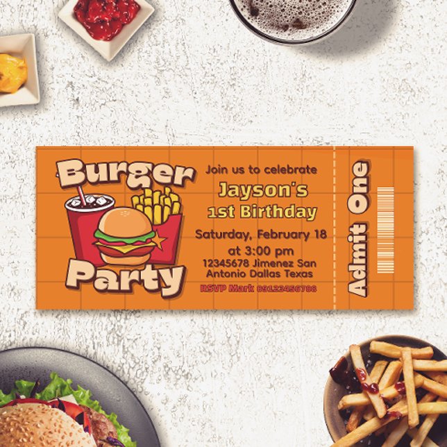 Burger Party Boy Birthday Ticket Invitation (Creator Uploaded)
