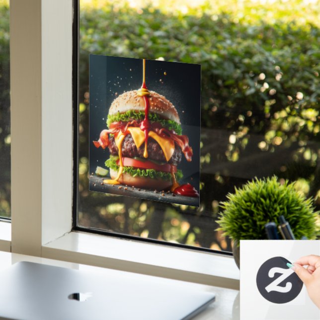 Burger with splashing sauce window cling (Office)