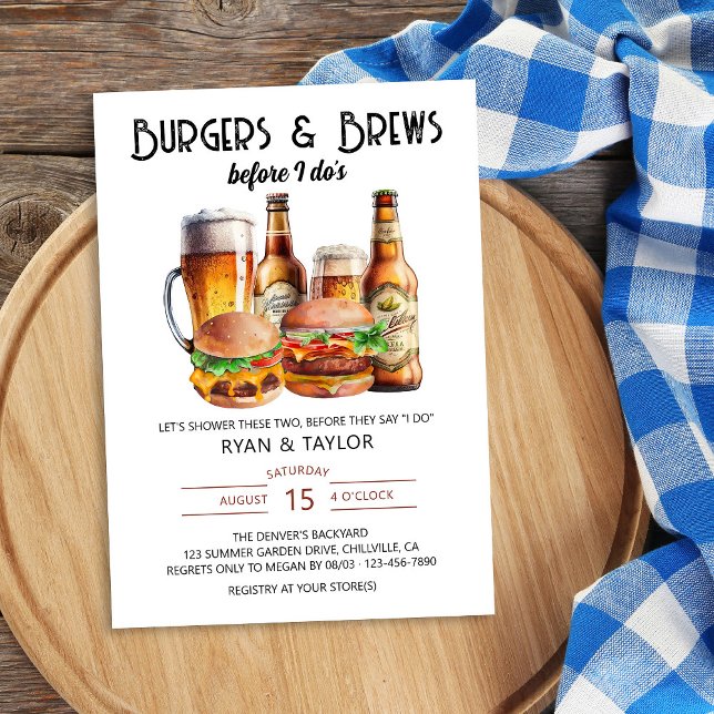 Burgers and Brews Summer BBQ Wedding Shower Invitation (Burgers & Brews before I do shower invitation with beer and burgers)