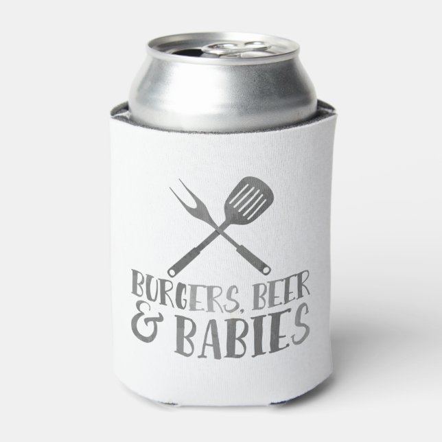 Burgers, Beer and Babies BBQ Baby Shower Can Cooler (Can Front)