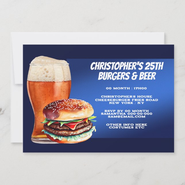 Burgers beer bbq grilling chilling realistic blue invitation (Front)