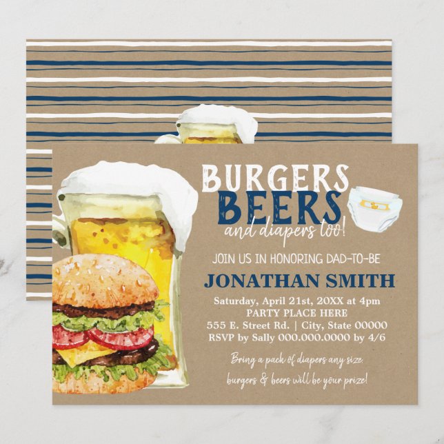 Burgers, Beers and diapers too dad to be shower Invitation (Front/Back)