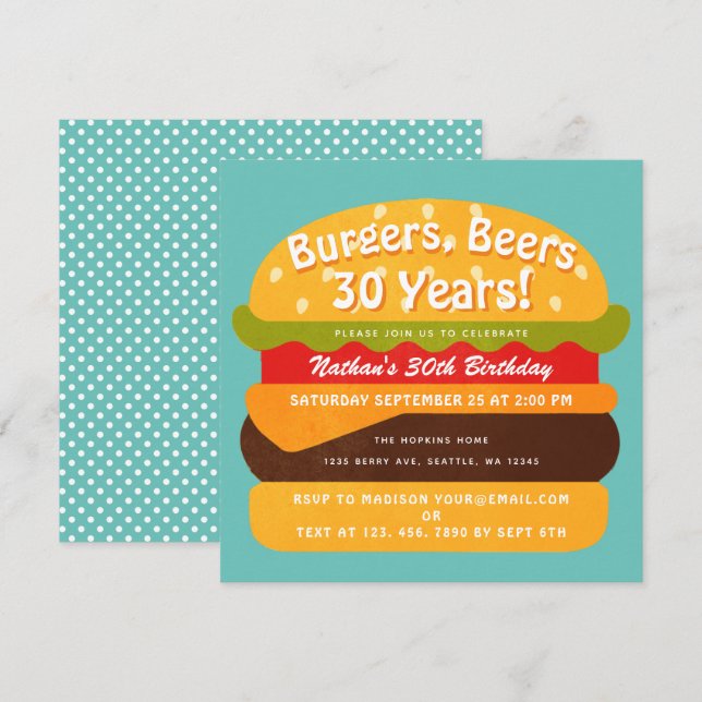 Burgers, Beers Birthday Invitation (Front/Back)