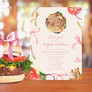 Burgers & Bows Hamburger BBQ Cookout Baby Shower Invitation