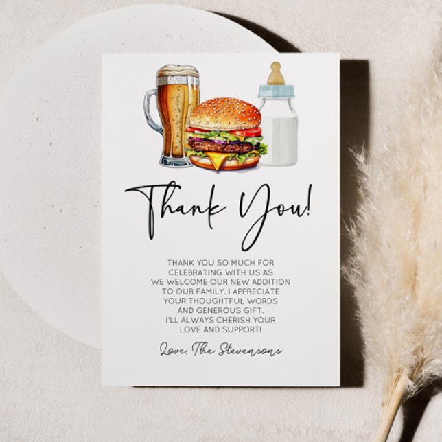 Burgers Brews and Diapers Too! Baby Shower Thank You Card (Creator Uploaded)