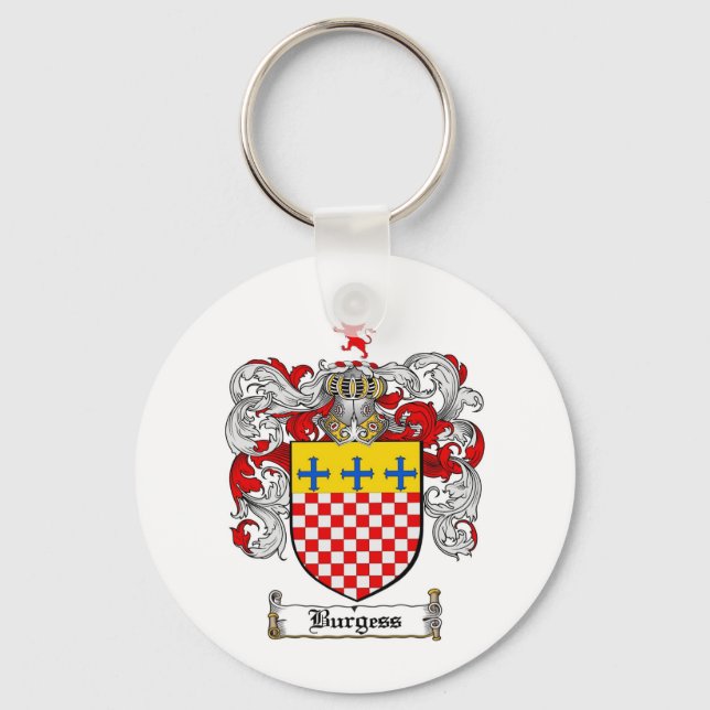 BURGESS FAMILY CREST -  BURGESS COAT OF ARMS KEY RING (Front)