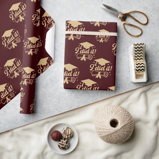 Burgubdy and Gold script  I did it Graduation Wrapping Paper (Crafts)