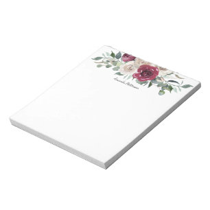 Burgunday and White Rose Floral with Your Name Notepad