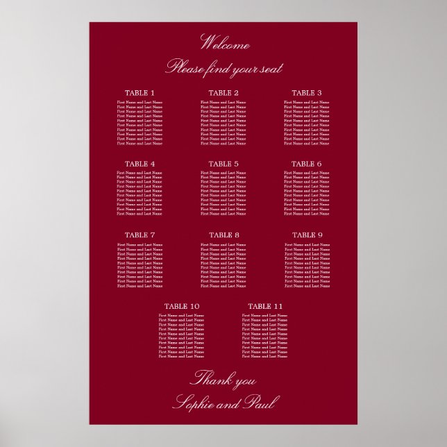 Burgundy 11 Table Wedding Seating Chart Poster (Front)