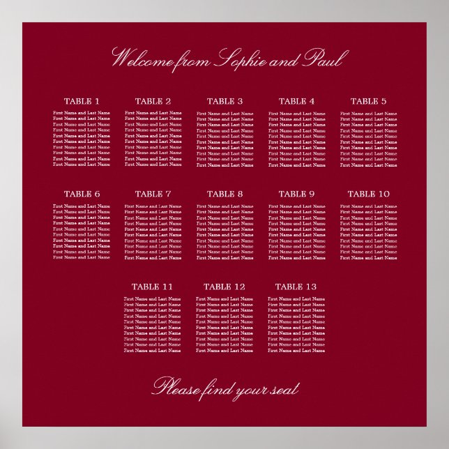 Burgundy 13 Table Wedding Seating Chart Poster (Front)