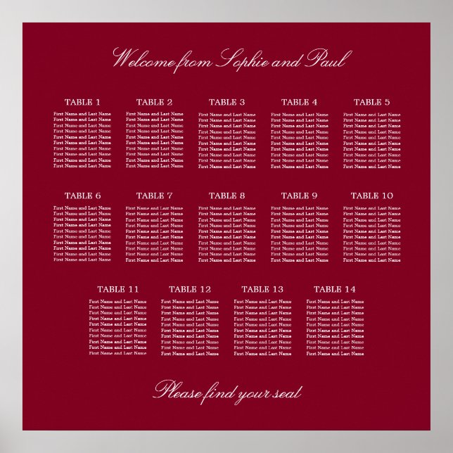 Burgundy 14 Table Wedding Seating Chart Poster (Front)