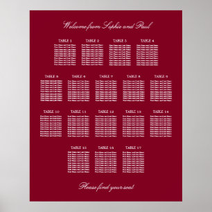 Burgundy 17 Table Wedding Seating Chart Poster