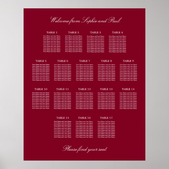 Burgundy 17 Table Wedding Seating Chart Poster (Front)