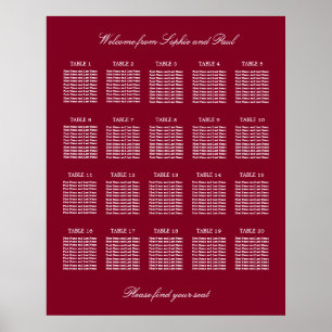 Burgundy 20 Table Wedding Seating Chart Poster