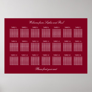 Burgundy 21 Table Wedding Seating Chart Poster